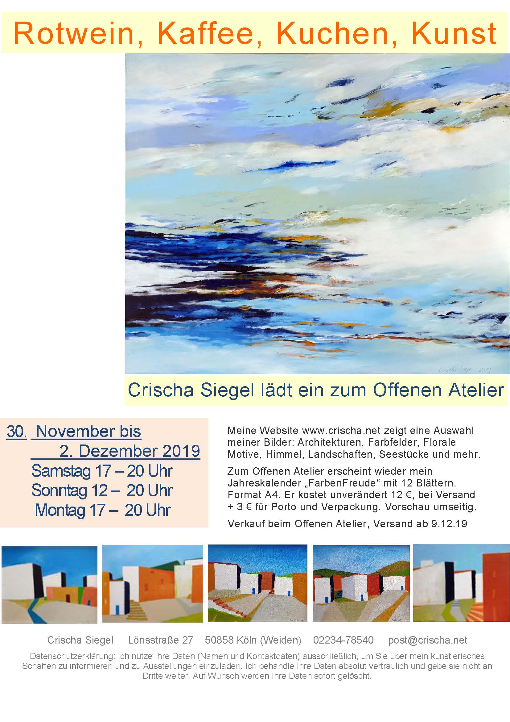 Crischa Siegel ldt ein zum Offenen Atelier am 30.11. - .1.12. - .2.12