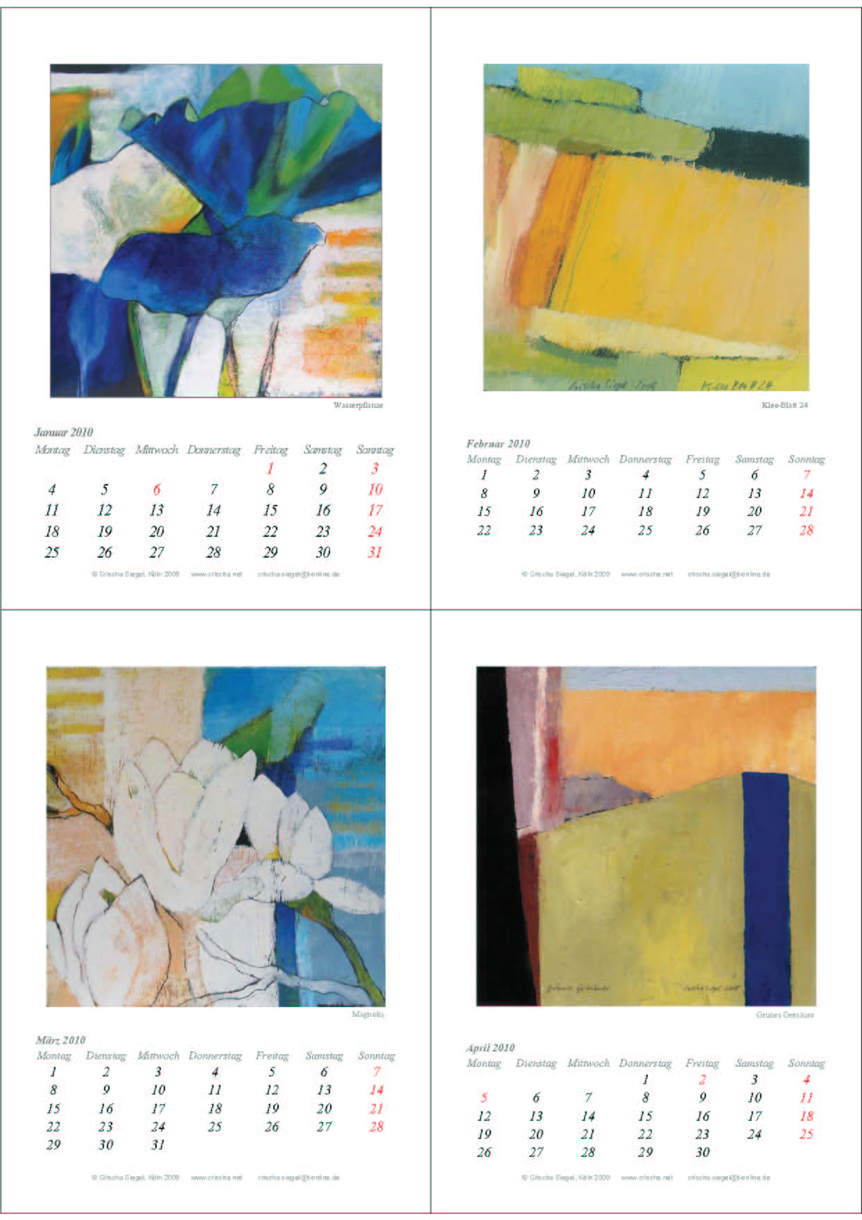 Seiten aus Kalender FarbenFreude 2010-1 Vorschau Januar - April